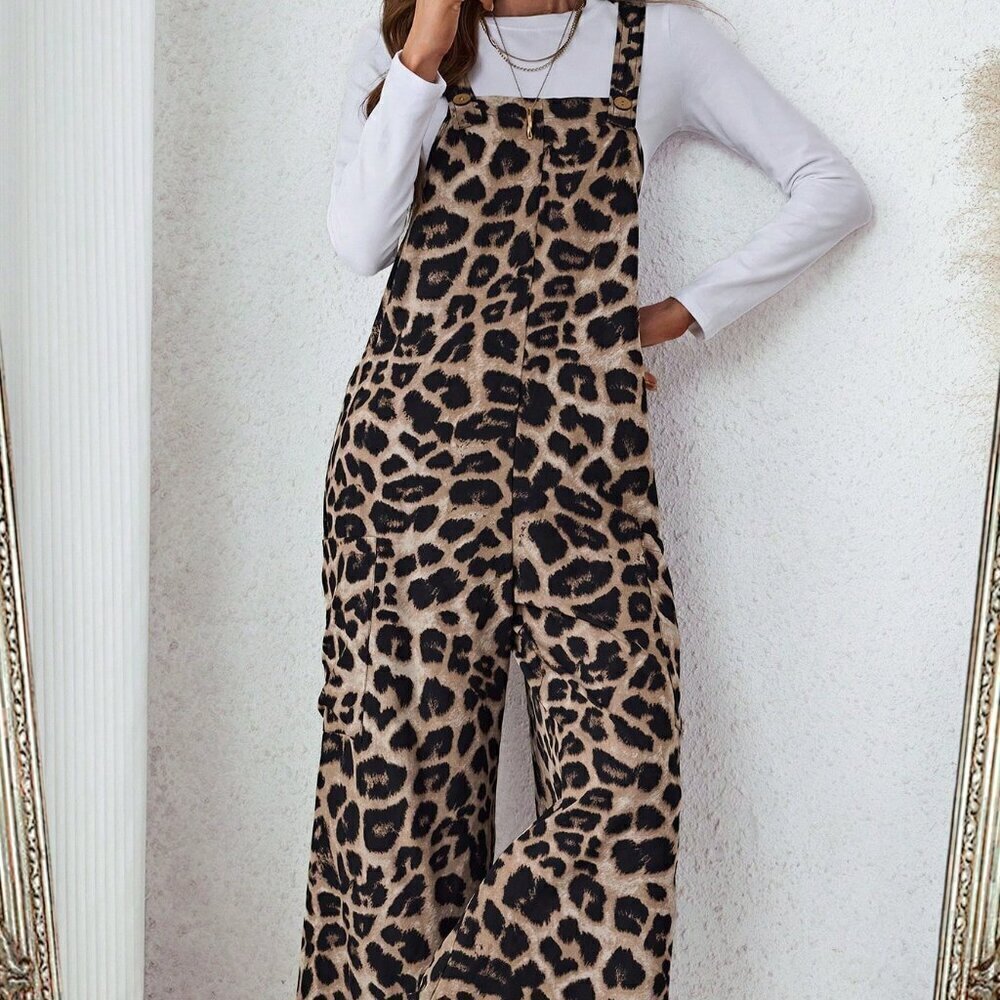 Khaki Casual Women's Leopard Print Pocket Loose Jumpsuit